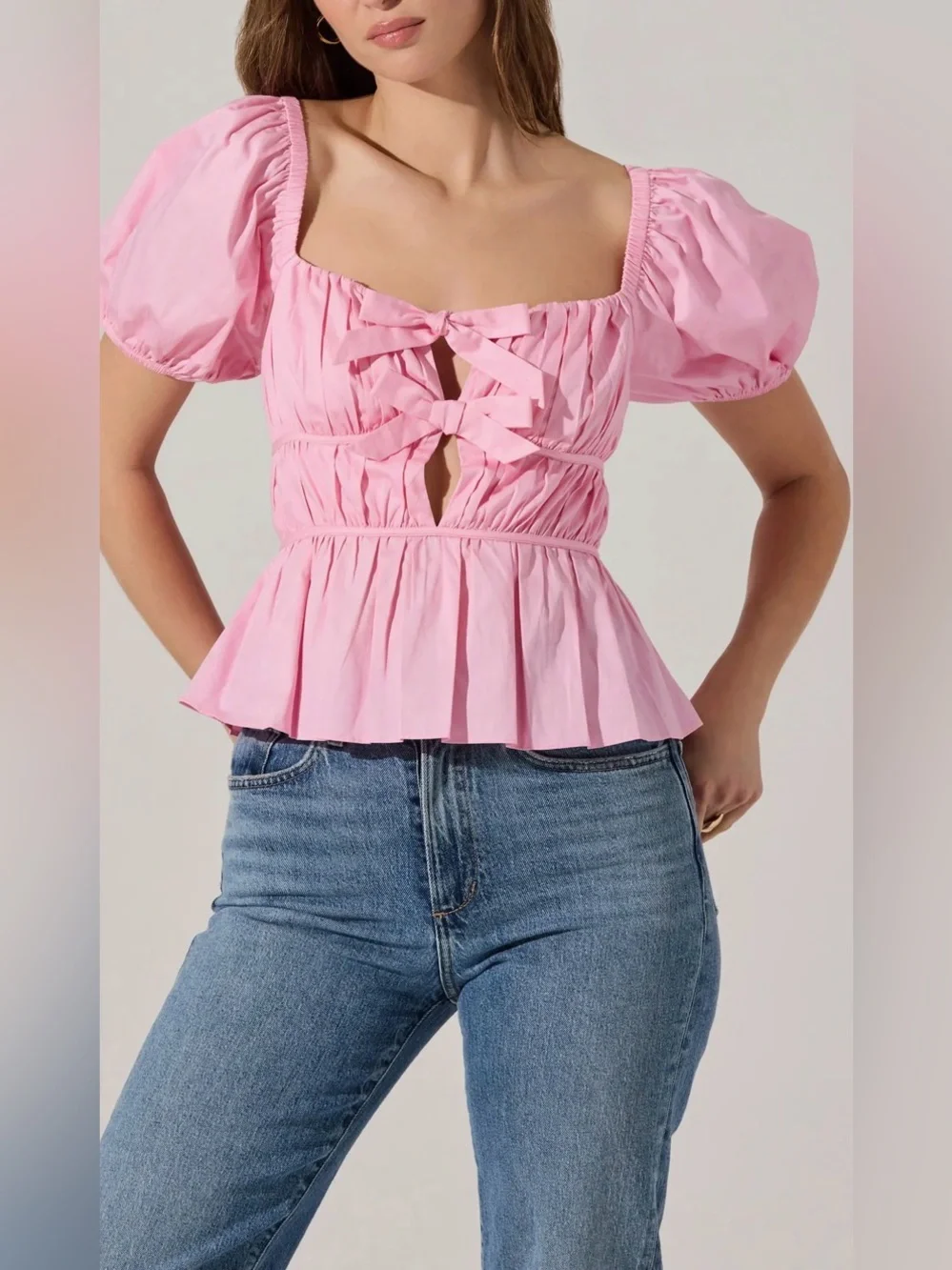 NWT Astr The Label Pink Smocked Peplum Tie-Front Peplum Blouse Size Medium